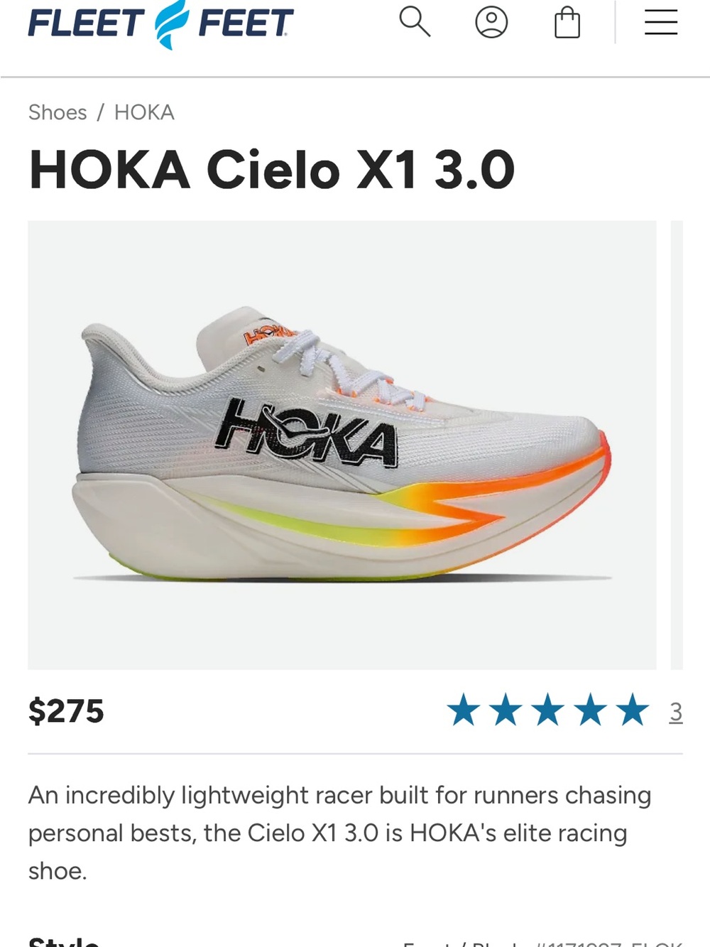 HOKA Kids Cielo X1 3.0 Racing Shoe - White with Orange & Neon Yellow Accents.